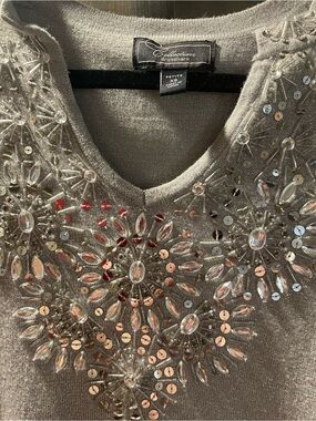 Embellished Silver V-Neck Long Sleeve Women's Top